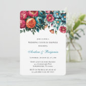 Blauwgroen Rood Sinaasappel Bloemen Goud Trouwkopp Kaart (Staand voorkant)