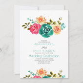 Blauwgroen Rood Sinaasappel Rozen Boho Bloemen Bru Kaart (Voorkant)