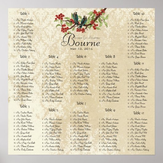 Blauwgroen Rood Wedding Lovebird Seating Chart 12  Poster (Voorkant)