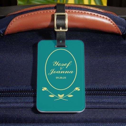 Blauwgroen Roos bruiloft Bagagelabel (Voorkant Insitu 2)