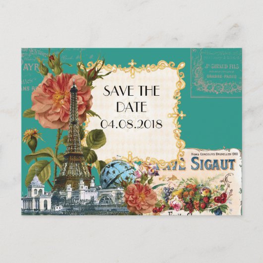 Blauwgroen  Roos Eiffeltoren sparen de Kaart van d (Voorkant)