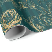  Blauwgroen Roos en goudbloemen Cadeaupapier (Rol Hoek)