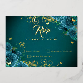 Blauwgroen Roos Floral Gold Swirl Gold Quinceanera Folie Uitnodiging