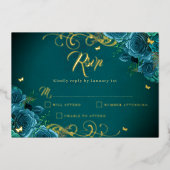 Blauwgroen Roos Floral Gold Swirl Gold Quinceanera Folie Uitnodiging (Voorkant)
