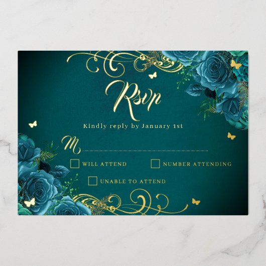 Blauwgroen Roos Floral Gold Swirl Gold Quinceanera Folie Uitnodiging (Voorkant)