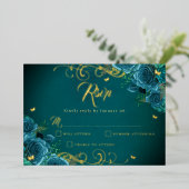 Blauwgroen Roos Floral Gold Swirl Gold Quinceanera Folie Uitnodiging (Staand Voorkant)