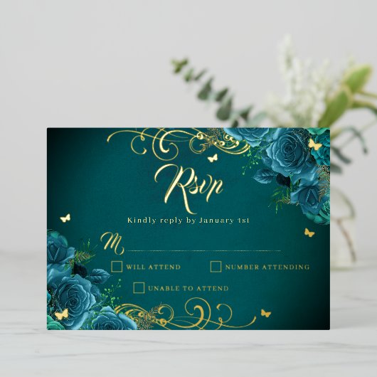Blauwgroen Roos Floral Gold Swirl Gold Quinceanera Folie Uitnodiging (Staand Voorkant)