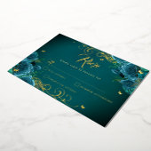 Blauwgroen Roos Floral Gold Swirl Gold Quinceanera Folie Uitnodiging (Gedraaid)
