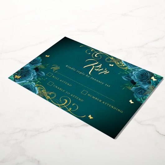 Blauwgroen Roos Floral Gold Swirl Gold Quinceanera Folie Uitnodiging (Gedraaid)