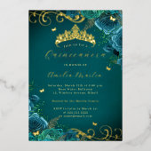 Blauwgroen Roos Floral Gold Swirl Quinceanera Folie Uitnodiging (Voorkant)