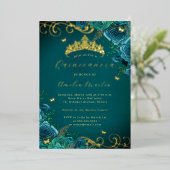 Blauwgroen Roos Floral Gold Swirl Quinceanera Folie Uitnodiging (Staand Voorkant)