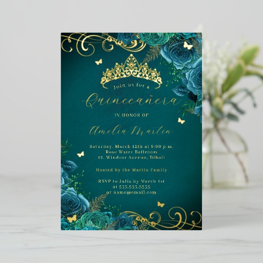 Blauwgroen Roos Floral Gold Swirl Quinceanera Folie Uitnodiging (Staand Voorkant)