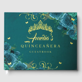Blauwgroen Roos Floral Swirl Quinceanera Gold Gastenboek