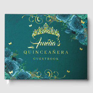 Blauwgroen Roos Floral Swirl Quinceanera Gold Gastenboek
