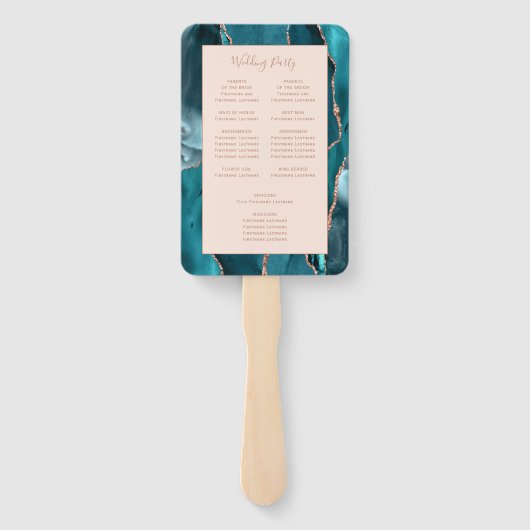 Blauwgroen Roos Gold Agate Blush Wedding Programma Handwaaier (Achterkant)