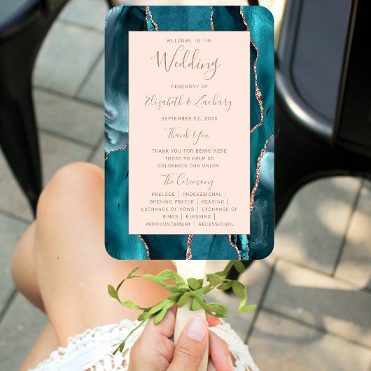 Blauwgroen Roos Gold Agate Blush Wedding Programma Handwaaier