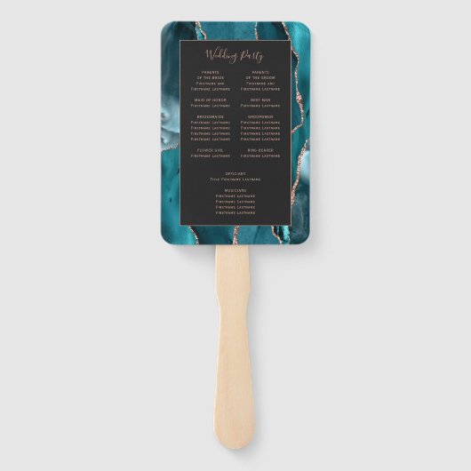 Blauwgroen Roos Gold Agate Dark Wedding Programma Handwaaier (Achterkant)