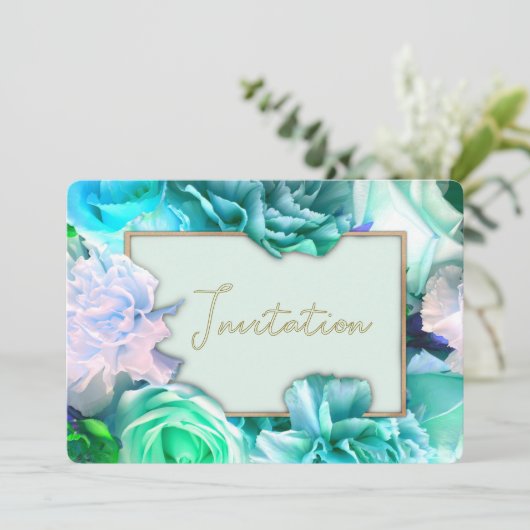 Blauwgroen Roos Verjaardagsfeest Uitnodiging (Staand voorkant)