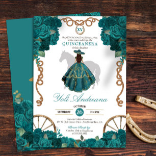 Blauwgroen Roos Western Charro Quinceanera Kaart
