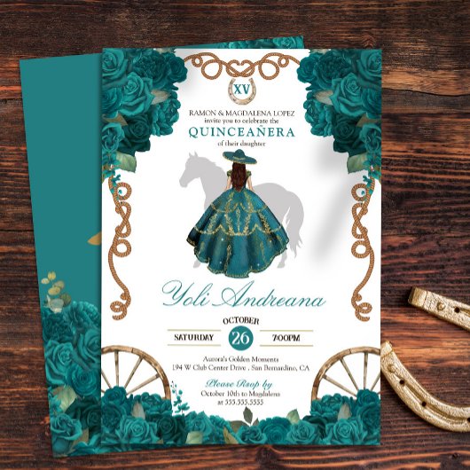 Blauwgroen Roos Western Charro Quinceanera Kaart