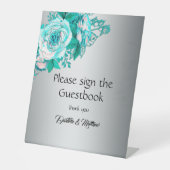 Blauwgroen Roos zilveren elegantie bruiloft Reclamebord Met Voetstuk (Voorkant)