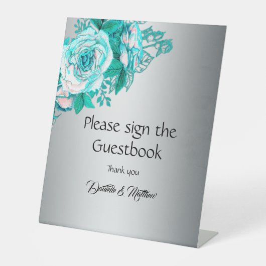 Blauwgroen Roos zilveren elegantie bruiloft Reclamebord Met Voetstuk (Voorkant)