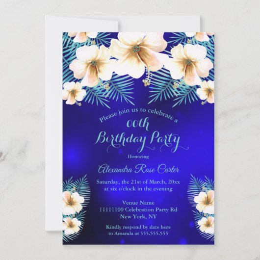 Blauwgroen Royal Blue Tropical floral Birthday Par Kaart (Voorkant)