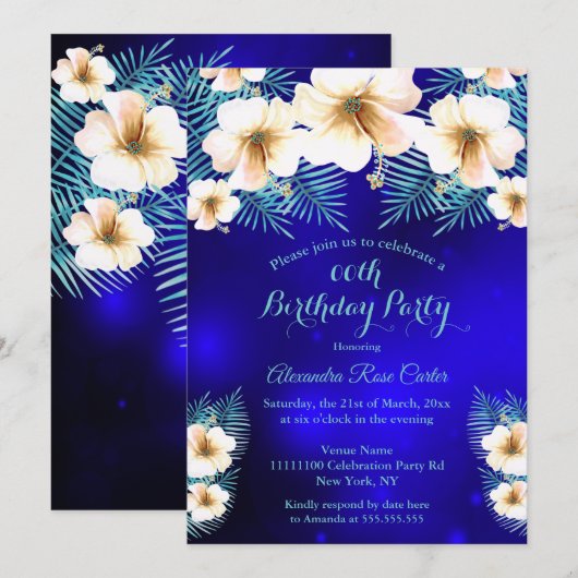 Blauwgroen Royal Blue Tropical floral Birthday Par Kaart (Voorkant / Achterkant)
