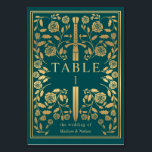 Blauwgroen Royal Medieval Sword Trouwtafel Nummer Kaart<br><div class="desc">Vier uw speciale dag met deze Royal Medieval Sword Wedding design. Het ontwerp op de achterkant van de uitnodiging is GEEN echte gouden folie. Items worden precies afgedrukt zoals ze op uw scherm verschijnen wanneer u aan de winkelwagen toevoegt, dus personaliseer en voeg elk tabelnummer dat u nodig hebt afzonderlijk...</div>