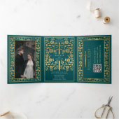 Blauwgroen Royal Medieval Sword Wedding QR Code Drieluik Uitnodiging (Binnen)