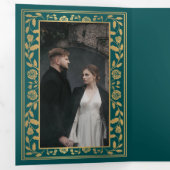 Blauwgroen Royal Medieval Sword Wedding QR Code Drieluik Uitnodiging (Binnenzijde eerst)