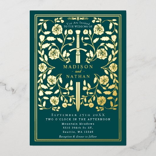 Blauwgroen Royal middeleeuwse zwaard bruiloft Folie Uitnodiging (Voorkant)