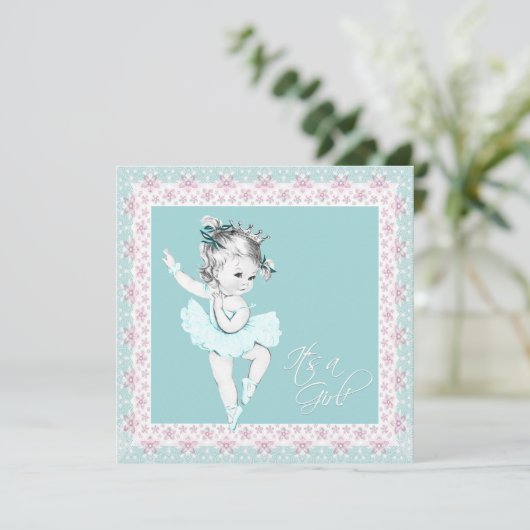 Blauwgroen Roze Ballerina Meisje Baby shower Kaart (Staand voorkant)
