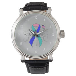 Blauwgroen/roze/blauw lint met vlinder horloge