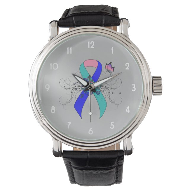 Blauwgroen/roze/blauw lint met vlinder horloge (Voorkant)