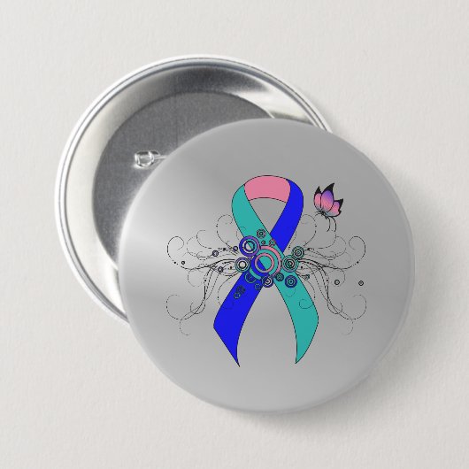 Blauwgroen/roze/blauw lint met vlinder ronde button 7,6 cm (Voorkant /achterkant)