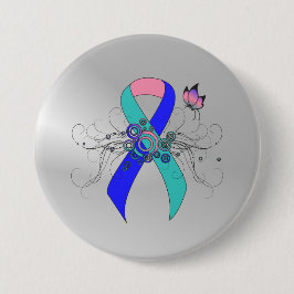 Blauwgroen/roze/blauw lint met vlinder ronde button 7,6 cm