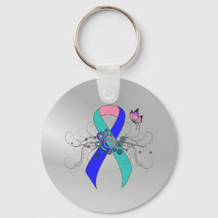 Blauwgroen/roze/blauw lint met vlinder sleutelhanger