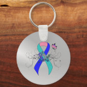 Blauwgroen/roze/blauw lint met vlinder sleutelhanger (Voorkant)