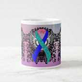 Blauwgroen/Roze/Blauw Lint met Wingen Grote Koffiekop (Voorkant)