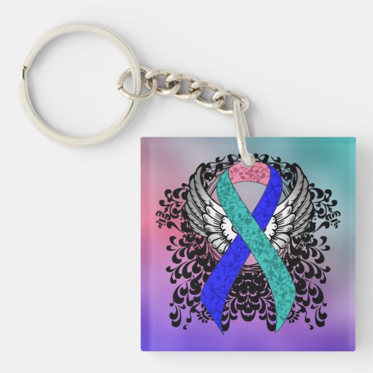 Blauwgroen/Roze/Blauw Lint met Wingen Sleutelhanger (voorkant)