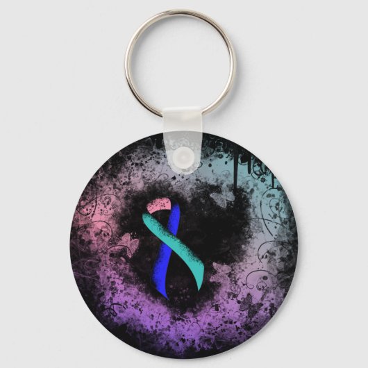 Blauwgroen/roze/blauw lintrukhart sleutelhanger (Voorkant)