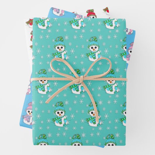 Blauwgroen, Roze, Blauwe Snowman Kerstmis Inpakpapier Vel (In situ)