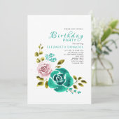 Blauwgroen & Roze Bloemen Boeket Verjaardagsfeest Kaart (Staand voorkant)