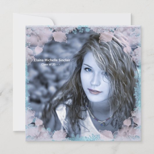 Blauwgroen Roze Bloemen Foto Afstuderen Aankondigi Kaart (Voorkant)