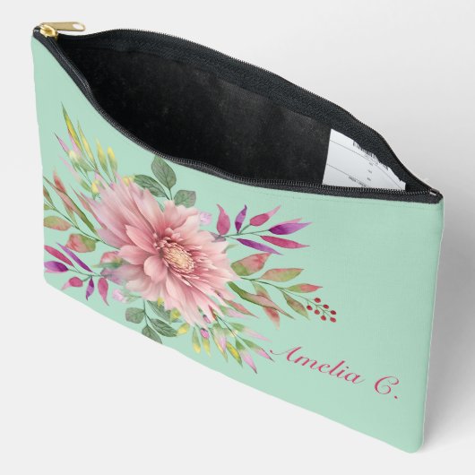  Blauwgroen & Roze Bloemen Kosmetische Zak Etui (Open)