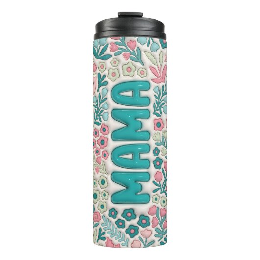 Blauwgroen Roze Boho Bloemen 3D Opgeblazen Mama Thermosbeker (Voorkant)