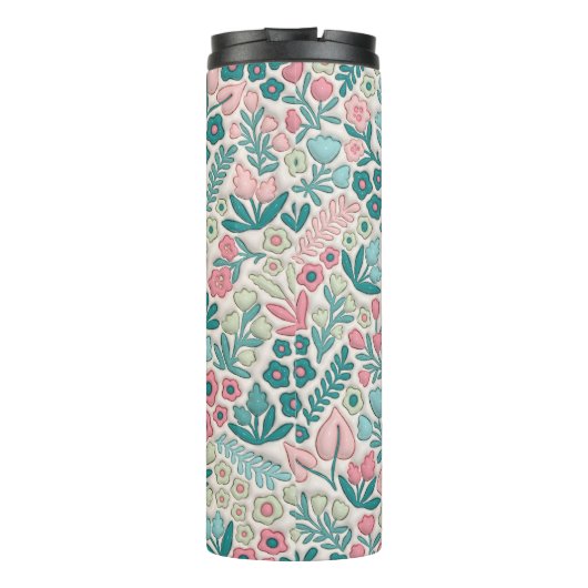 Blauwgroen Roze Boho Bloemen 3D Opgeblazen Mama Thermosbeker (Achterkant)