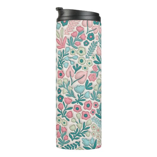 Blauwgroen Roze Boho Bloemen 3D Opgeblazen Mama Thermosbeker (Geroteerd rechts)