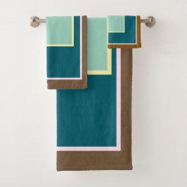 Blauwgroen Roze Bruin Blok Patroon Bath Bad Handdoek